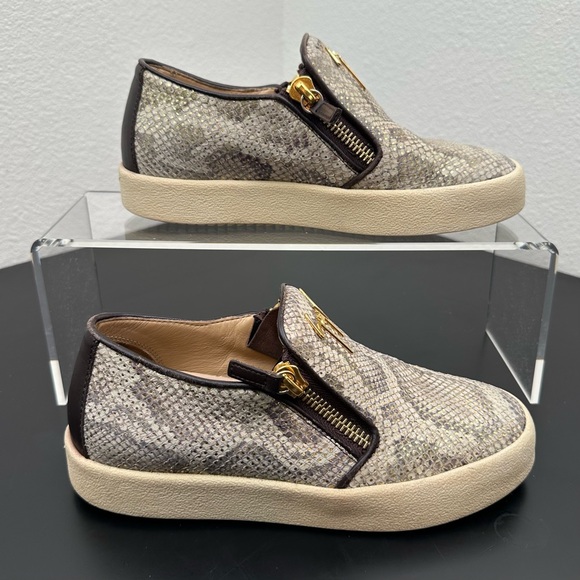 Giuseppe Zanotti Devon Skate Python Print Slip On Sneakers Gold Zip Womens 7.5 - Picture 4 of 13
